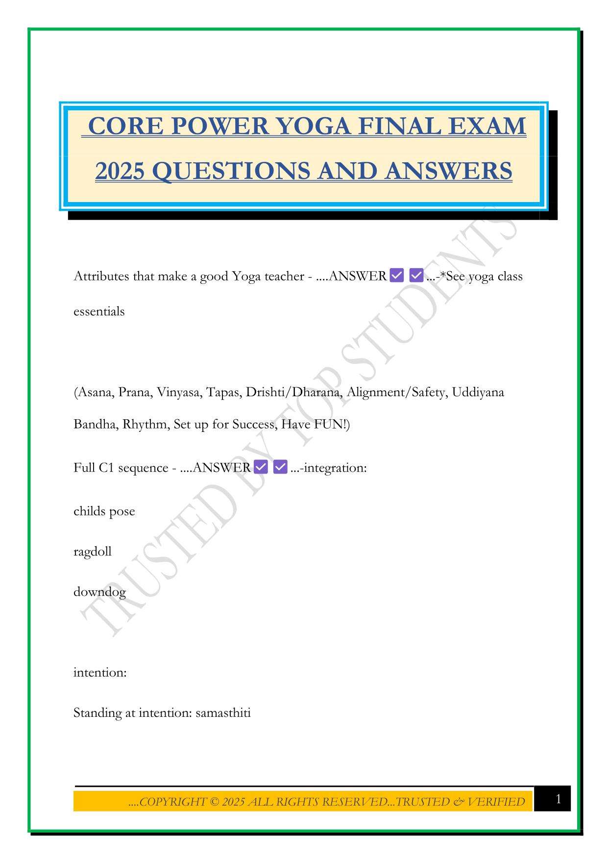 CORE POWER YOGA FINAL EXAM 2025 QUESTIONS AND ANSWERS