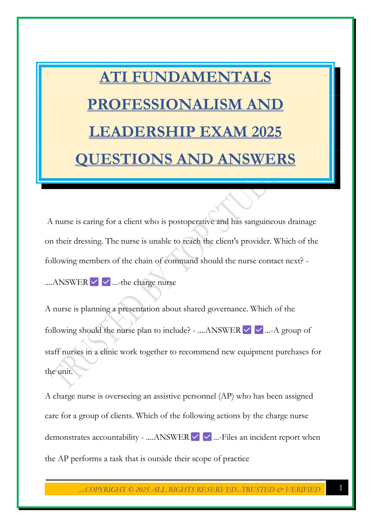 ATI FUNDAMENTALS PROFESSIONALISM AND LEADERSHIP EXAM 2025 QUESTIONS AND ANSWERS