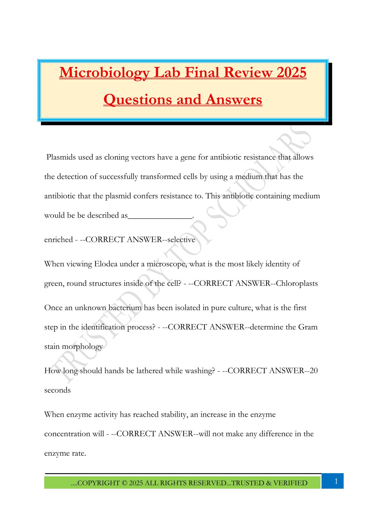 Microbiology Lab Final Review 2025 Questions and Answers