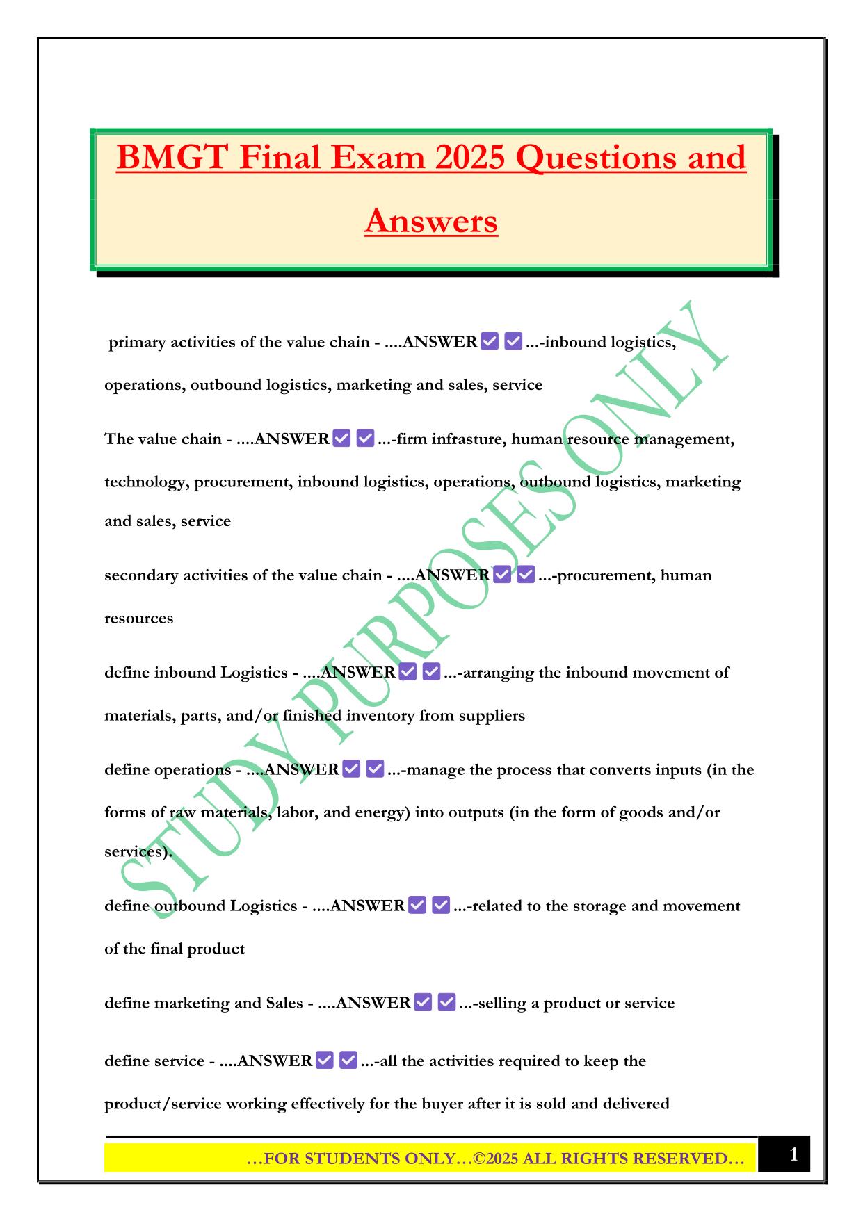 BMGT Final Exam 2025 Questions and Answers