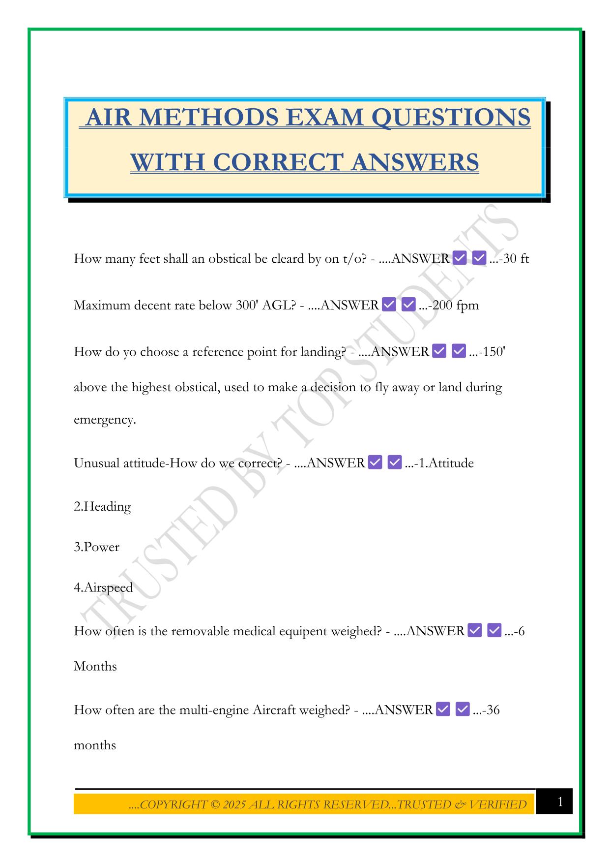 AIR METHODS EXAM QUESTIONS WITH CORRECT ANSWERS