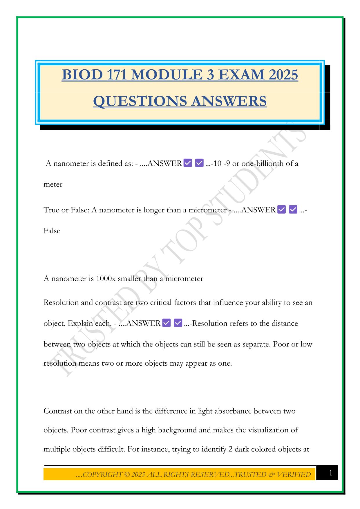 BIOD 171 MODULE 3 EXAM 2025 QUESTIONS ANSWERS