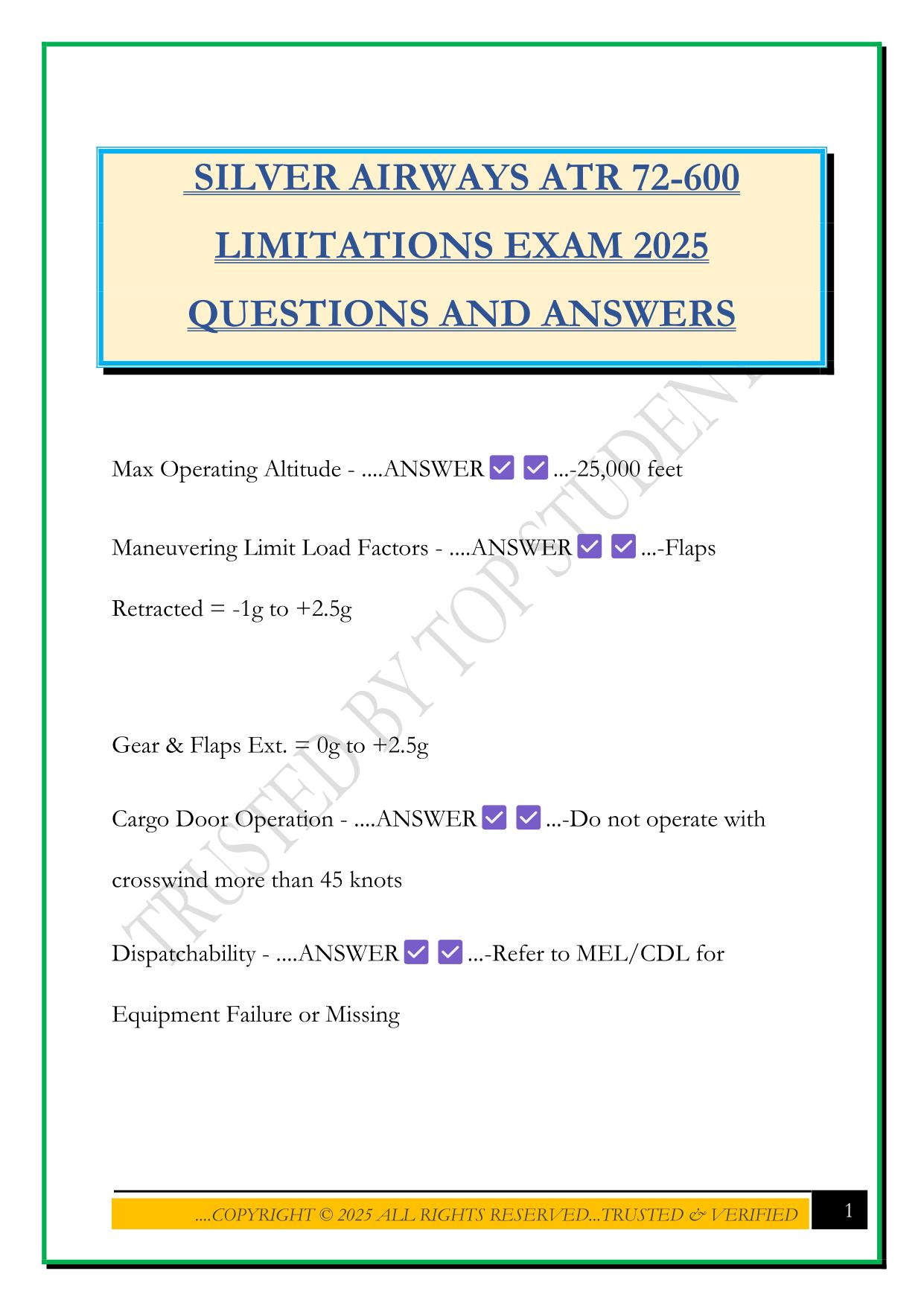 SILVER AIRWAYS ATR 72-600 LIMITATIONS EXAM 2025 QUESTIONS AND ANSWERS