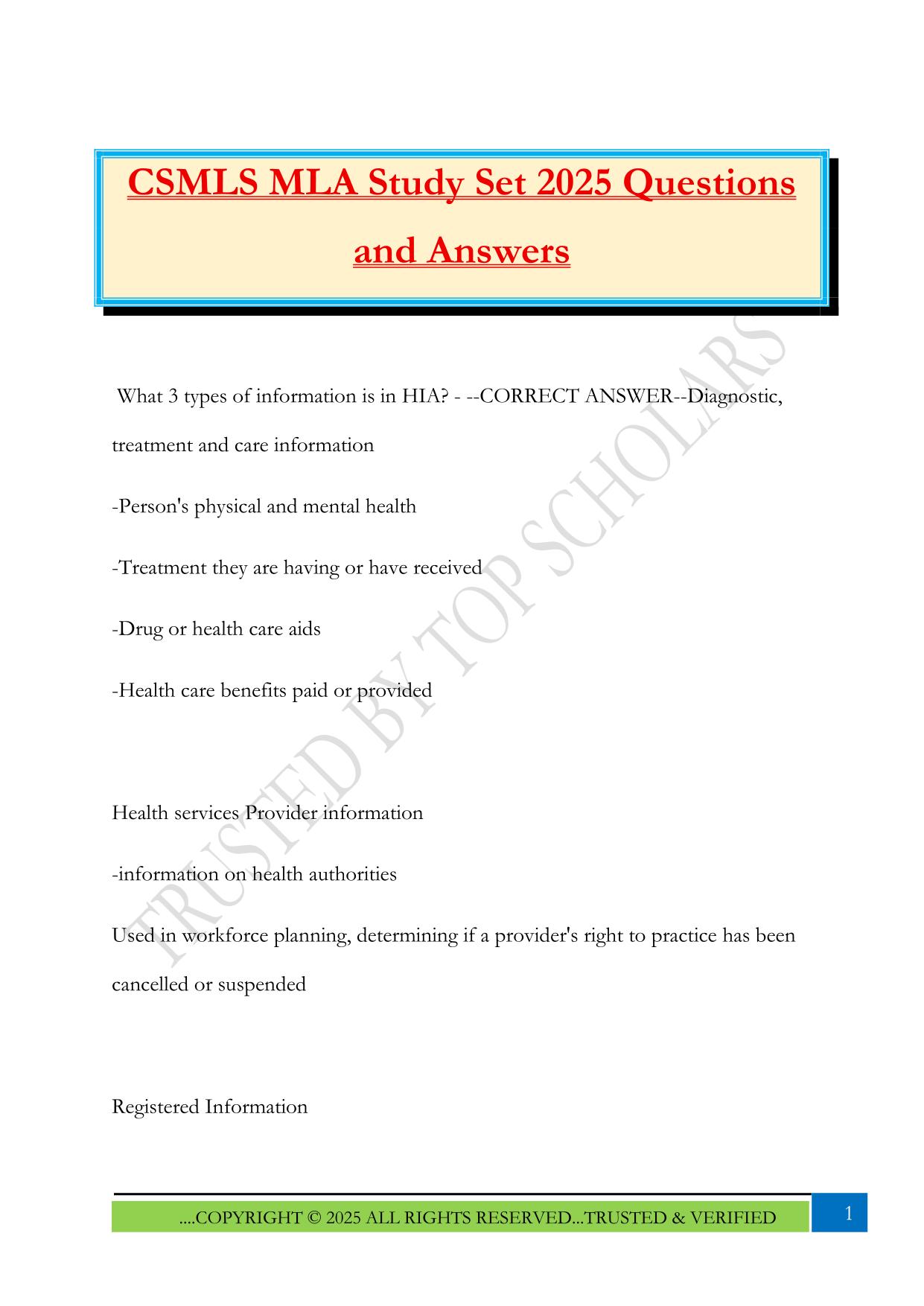 CSMLS MLA Study Set 2025 Questions and Answers