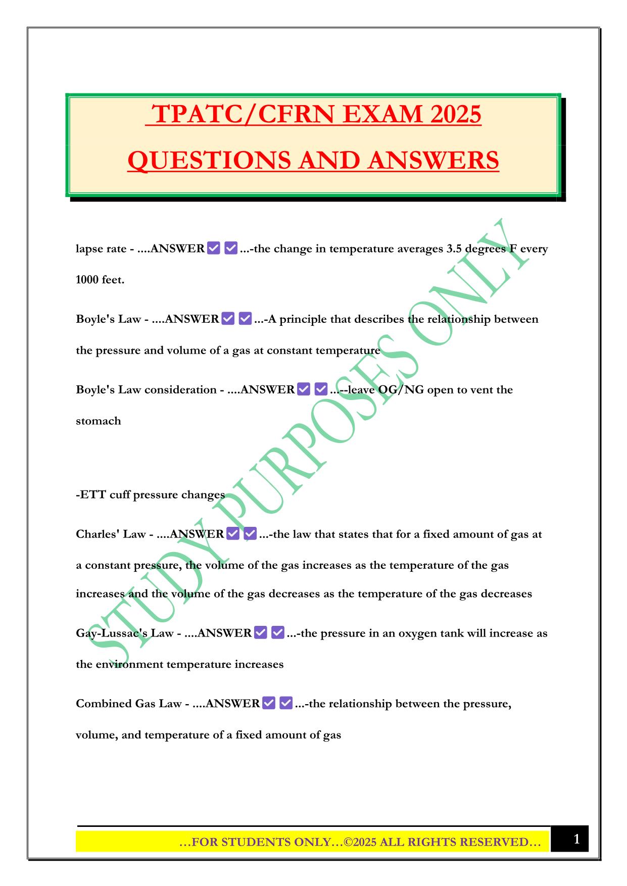 TPATC/CFRN EXAM 2025 QUESTIONS AND ANSWERS
