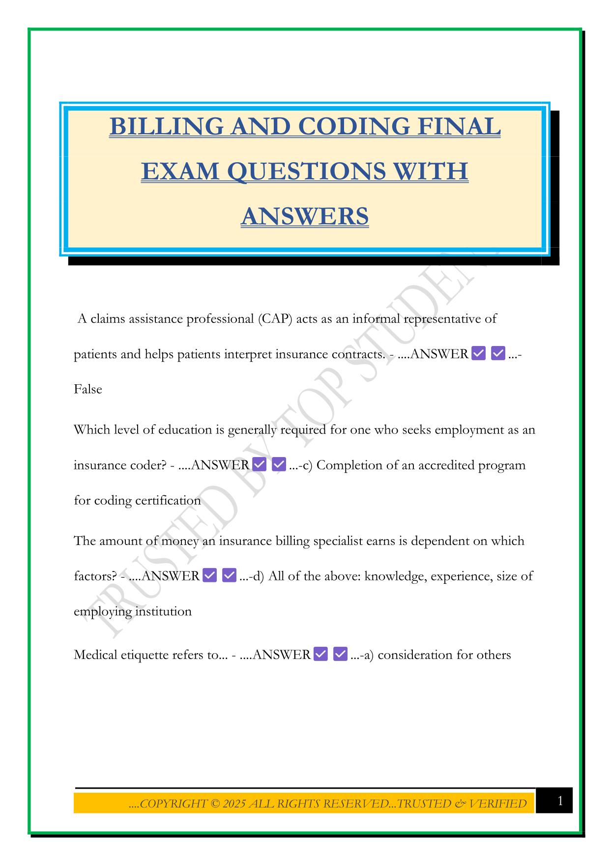 BILLING AND CODING FINAL EXAM QUESTIONS WITH ANSWERS