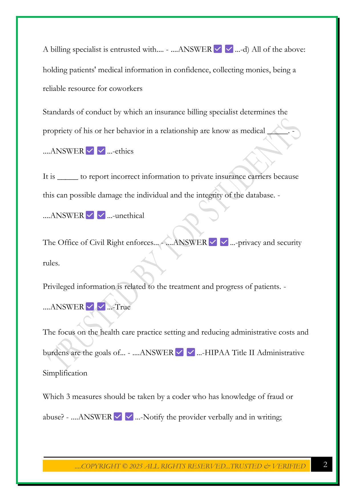 BILLING AND CODING FINAL EXAM QUESTIONS WITH ANSWERS