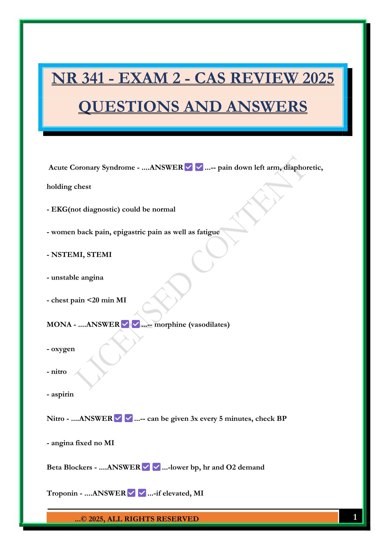 NR 341 - EXAM 2 - CAS REVIEW 2025 QUESTIONS AND ANSWERS