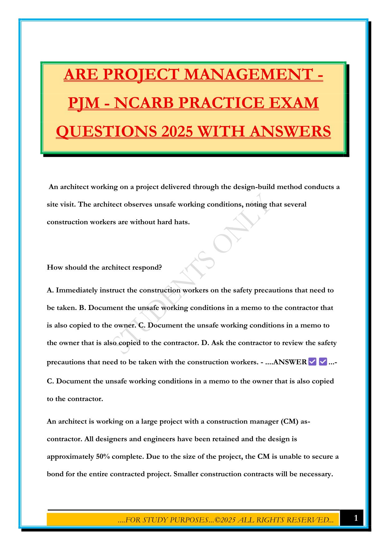 ARE PROJECT MANAGEMENT - PJM - NCARB PRACTICE EXAM QUESTIONS 2025 WITH ANSWERS