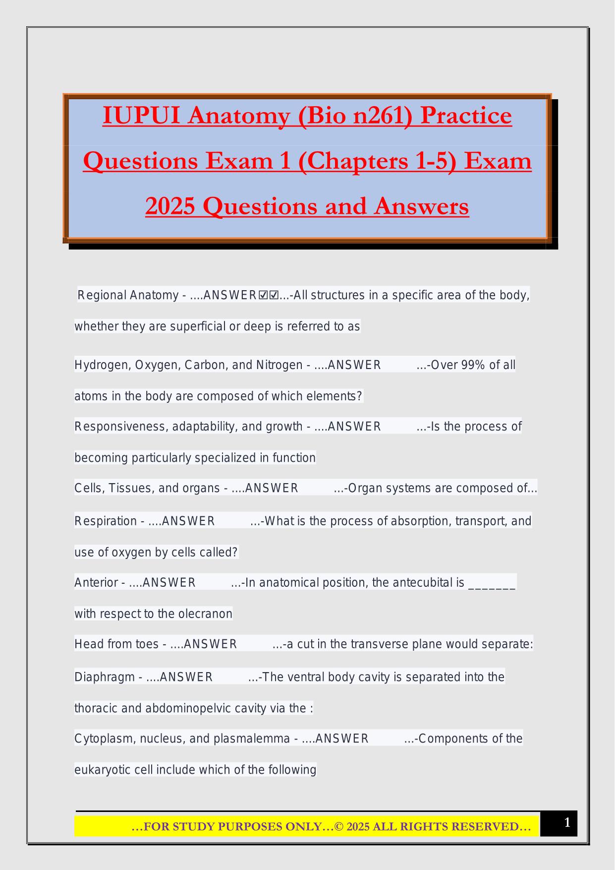 IUPUI Anatomy (Bio n261) Practice Questions Exam 1 (Chapters 1-5) Exam 2025 Questions and Answers