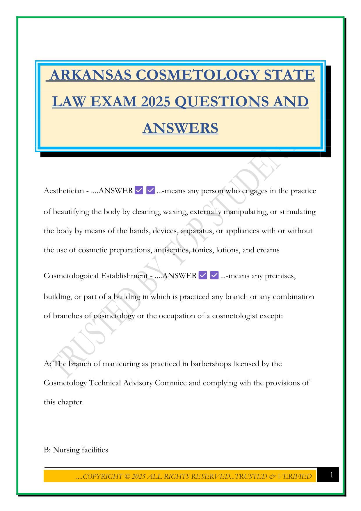ARKANSAS COSMETOLOGY STATE LAW EXAM 2025 QUESTIONS AND ANSWERS