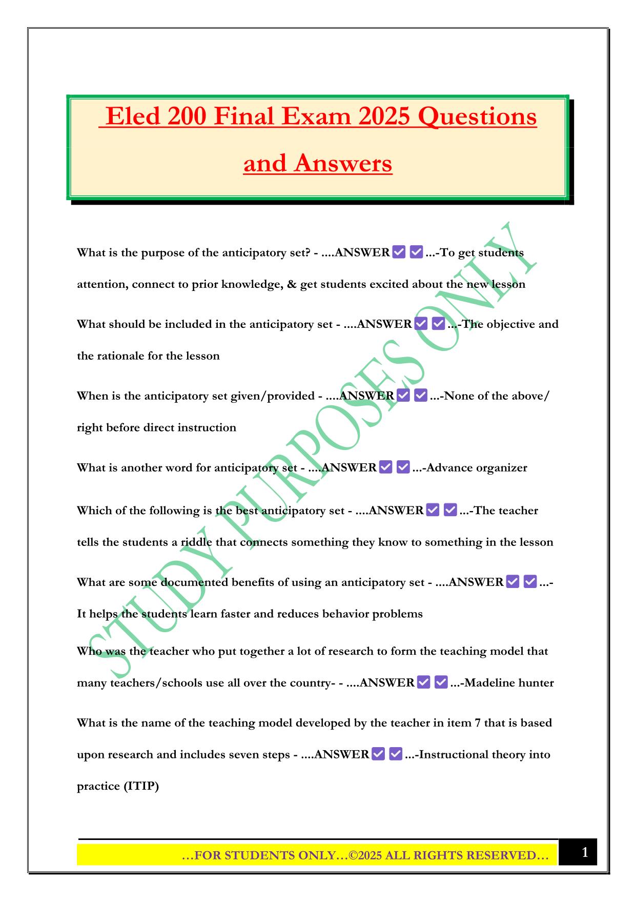 Eled 200 Final Exam 2025 Questions and Answers