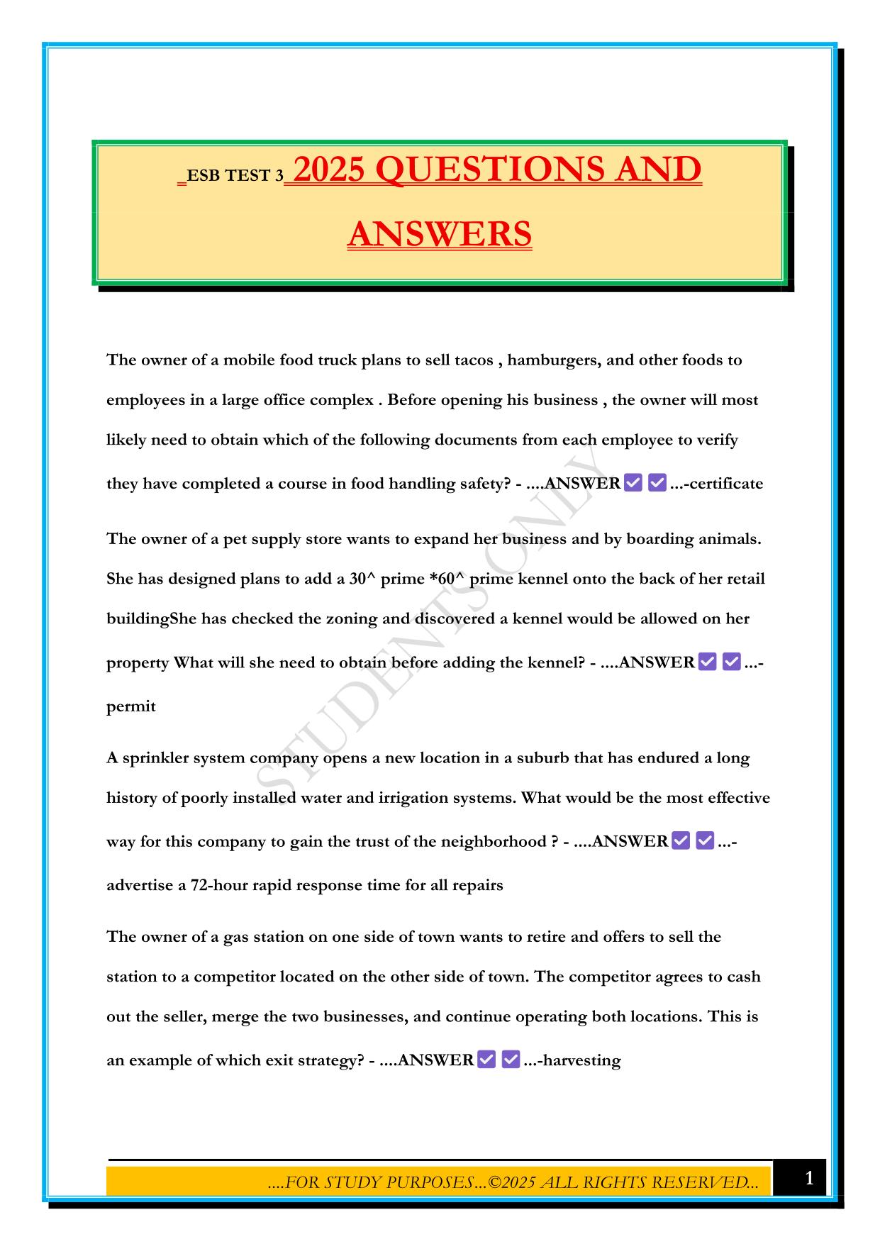 ESB TEST 3 2025 QUESTIONS AND ANSWERS