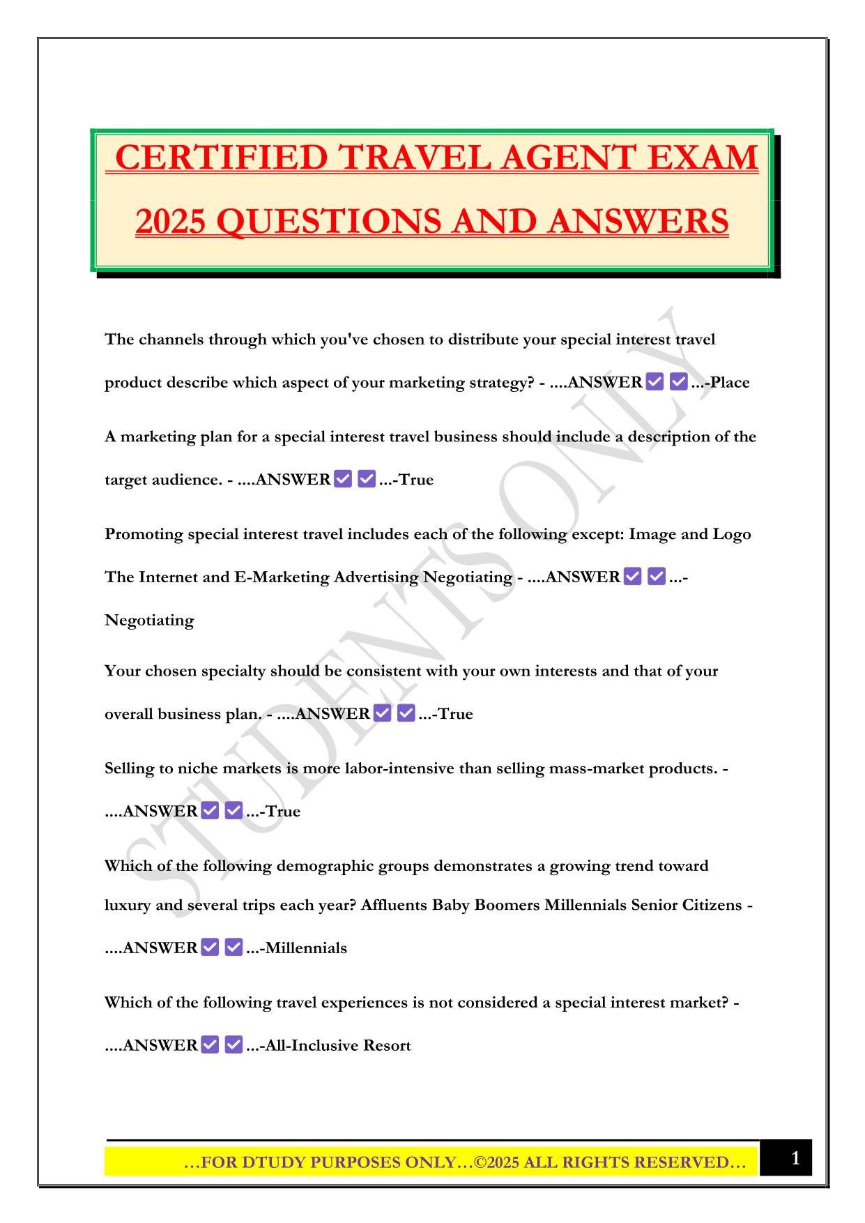 CERTIFIED TRAVEL AGENT EXAM 2025 QUESTIONS AND ANSWERS