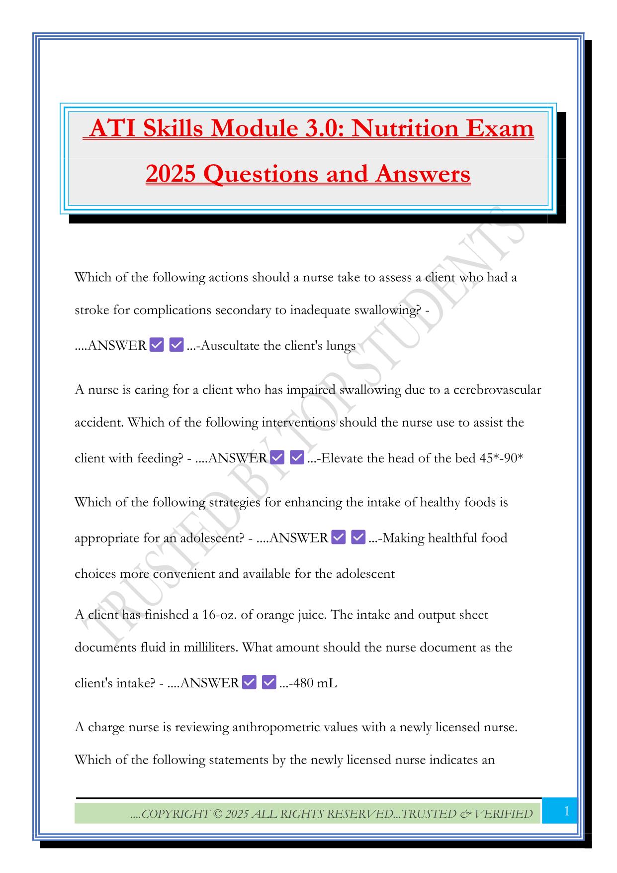 ATI Skills Module 3.0: Nutrition Exam 2025 Questions and Answers