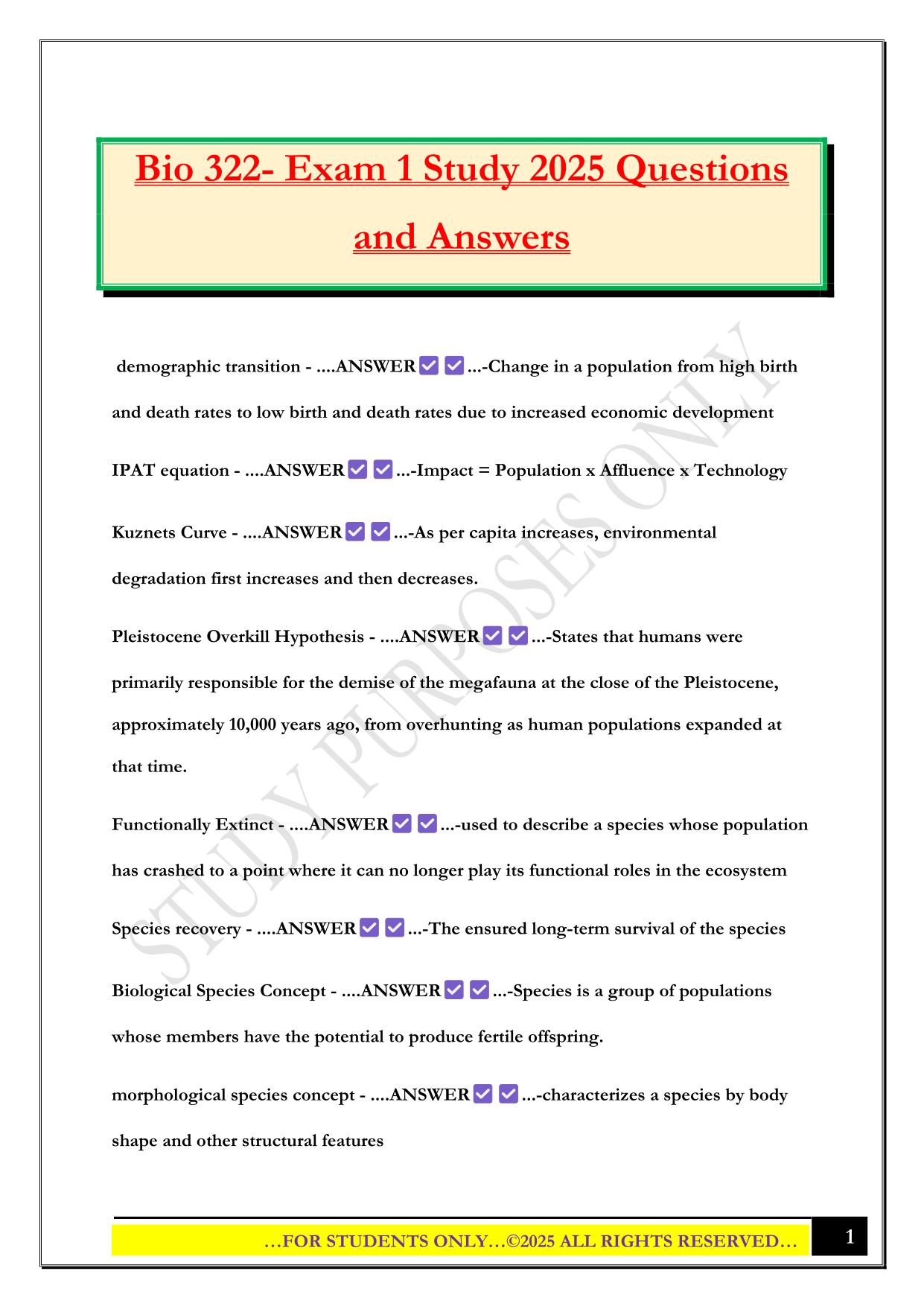 Bio 322- Exam 1 Study 2025 Questions and Answers