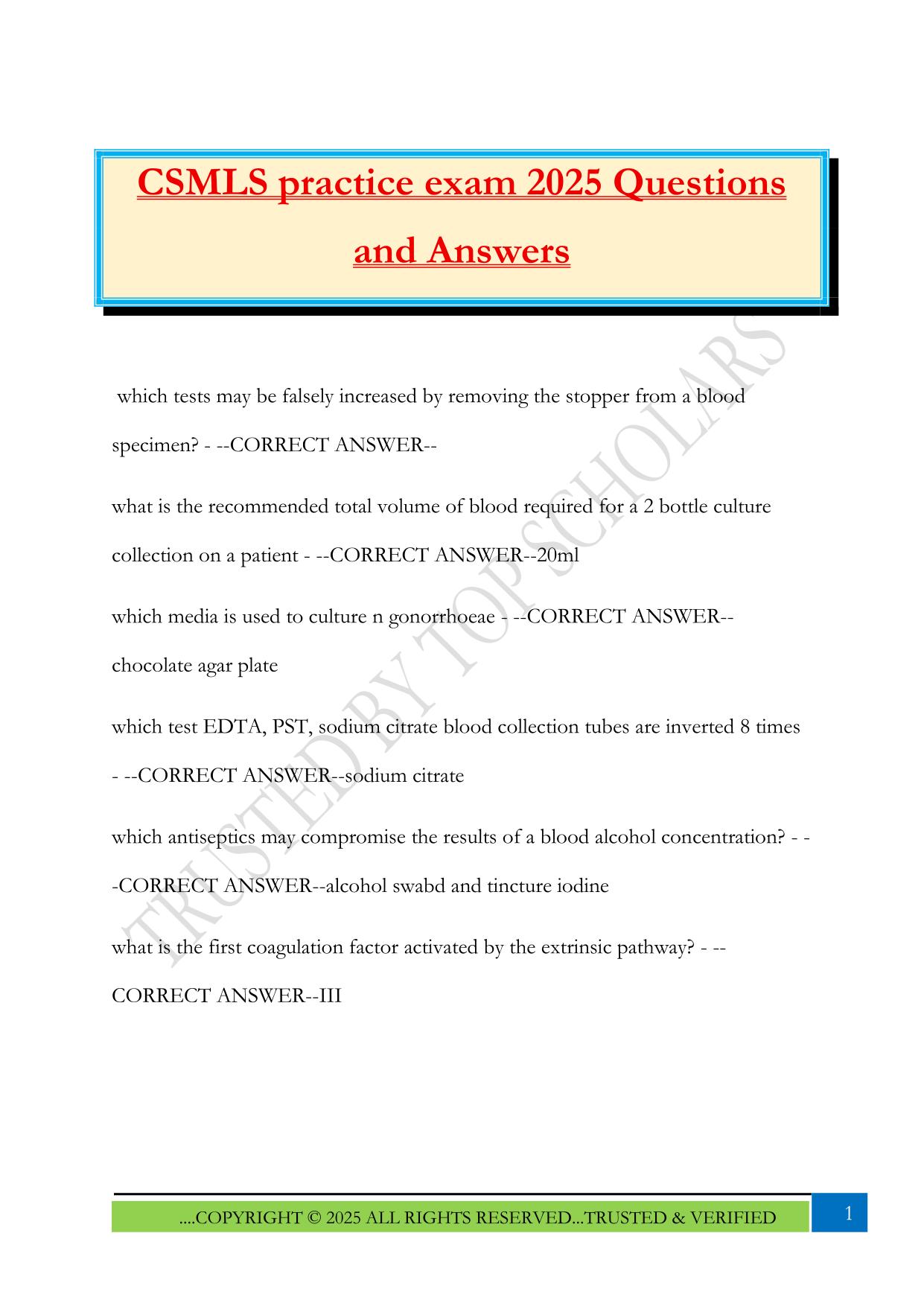 CSMLS practice exam 2025 Questions and Answers