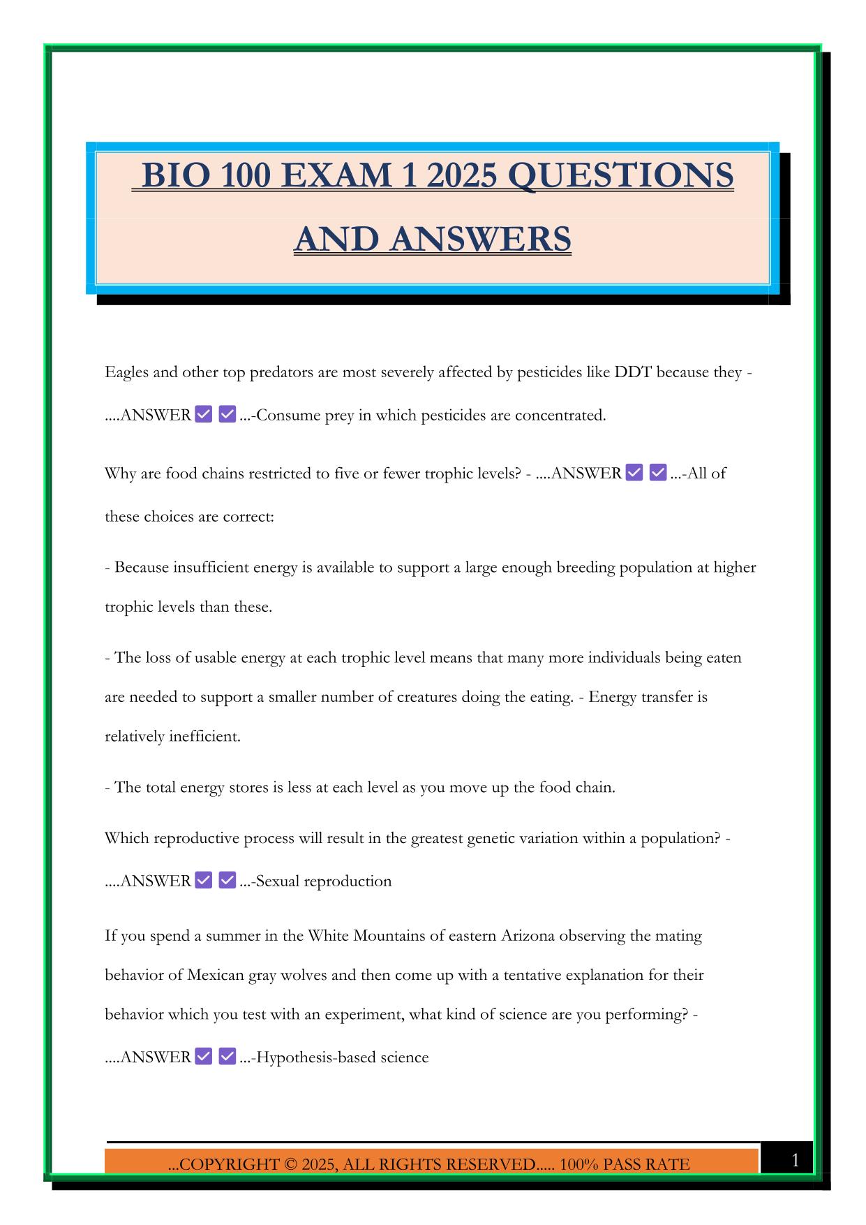 BIO 100 EXAM 1 2025 QUESTIONS AND ANSWERS