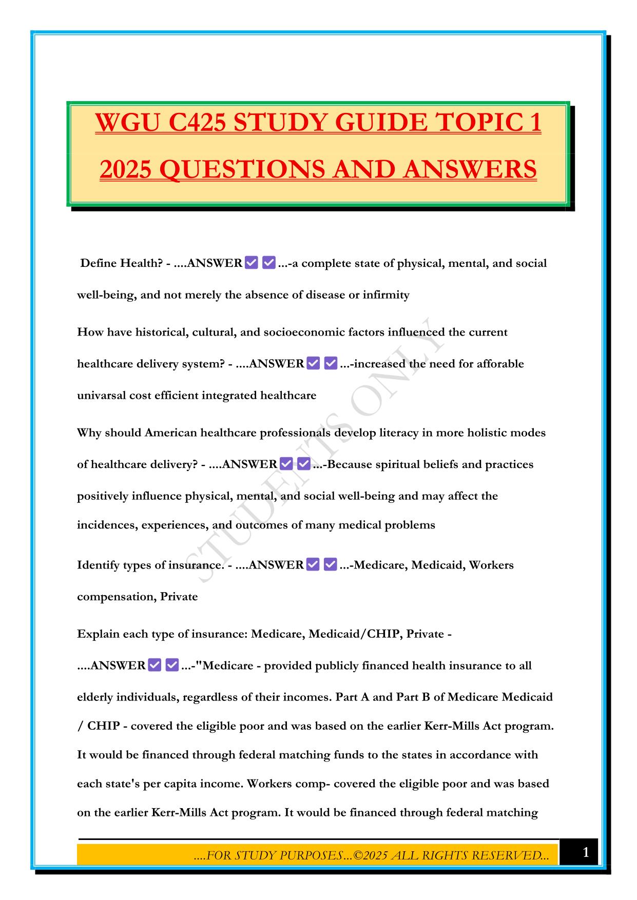 WGU C425 STUDY GUIDE TOPIC 1 2025 QUESTIONS AND ANSWERS