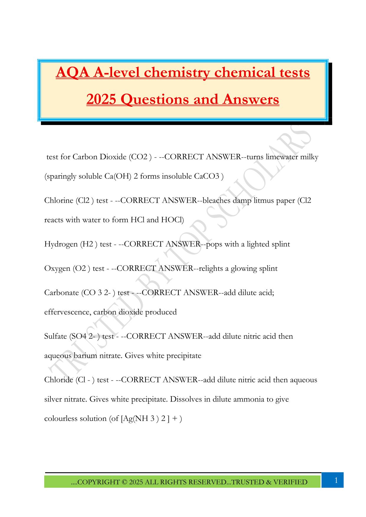 AQA A-level chemistry chemical tests 2025 Questions and Answers