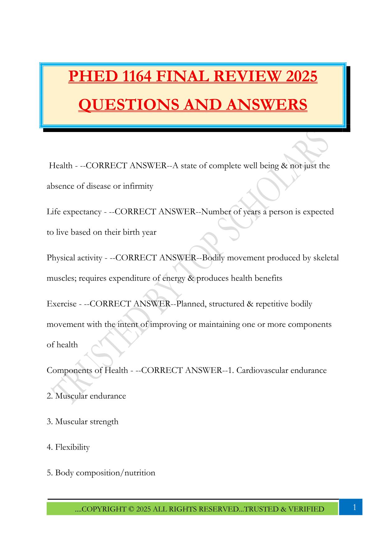 PHED 1164 FINAL REVIEW 2025 QUESTIONS AND ANSWERS