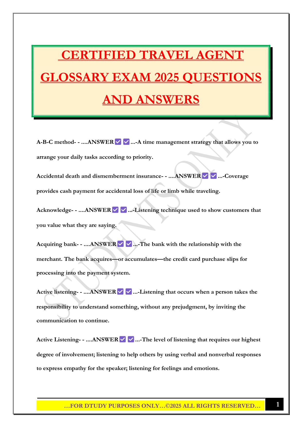 CERTIFIED TRAVEL AGENT GLOSSARY EXAM 2025 QUESTIONS AND ANSWERS