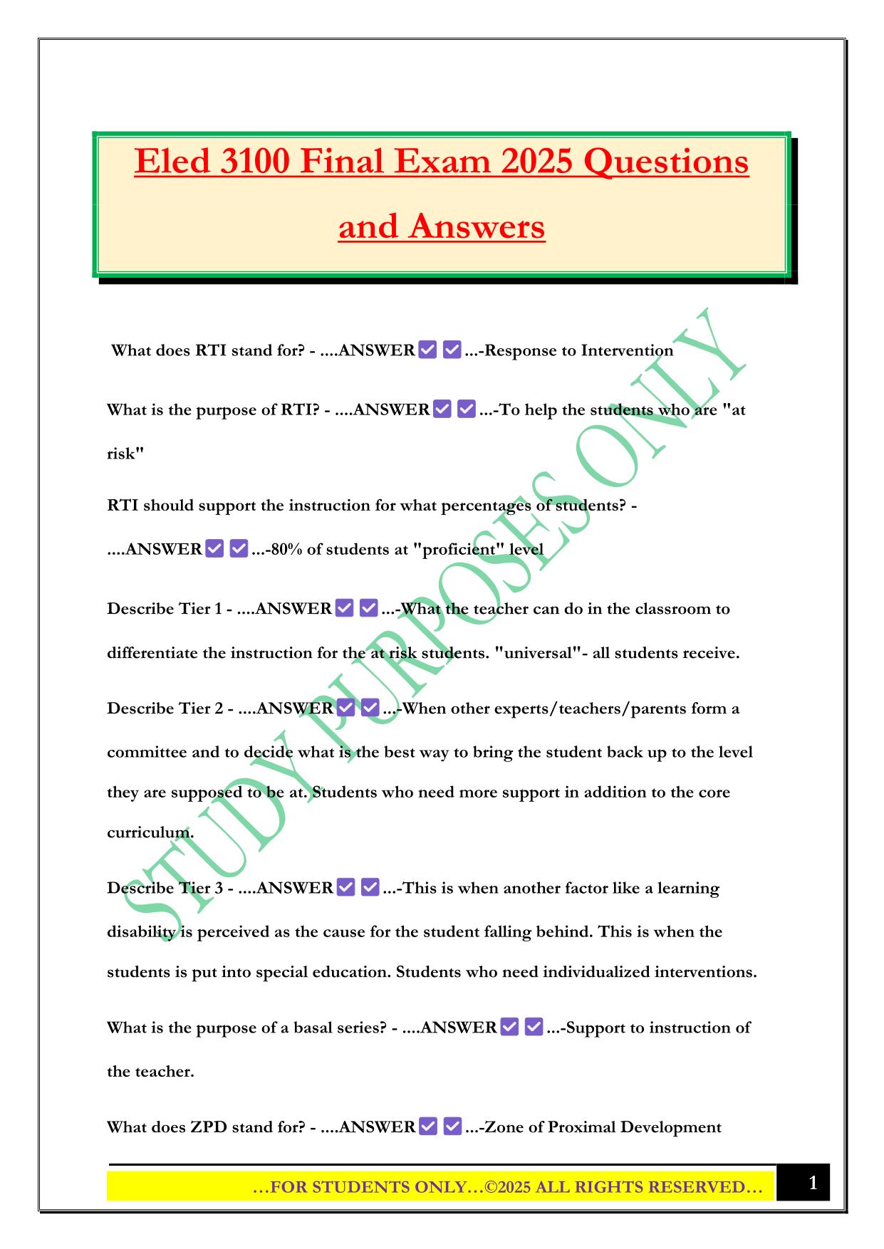 Eled 3100 Final Exam 2025 Questions and Answers