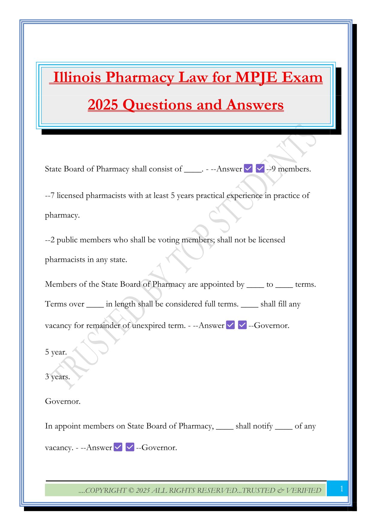 Illinois Pharmacy Law for MPJE Exam 2025 Questions and Answers