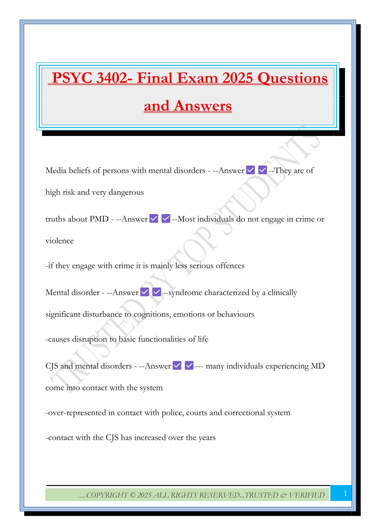 PSYC 3402- Final Exam 2025 Questions and Answers