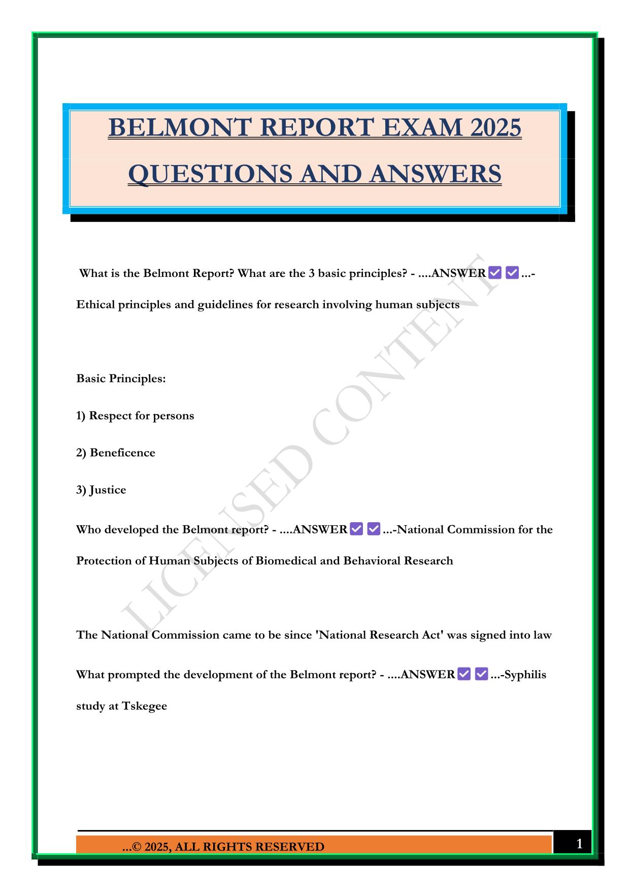 BELMONT REPORT EXAM 2025 QUESTIONS AND ANSWERS