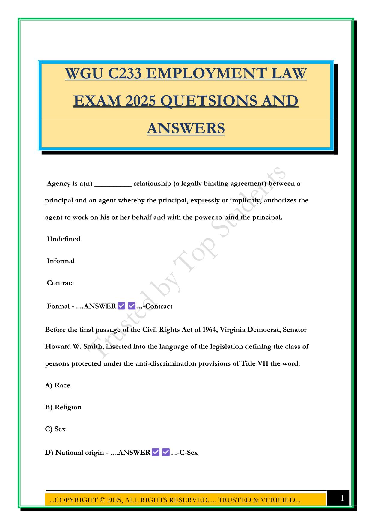 WGU C233 EMPLOYMENT LAW EXAM 2025 QUETSIONS AND ANSWERS