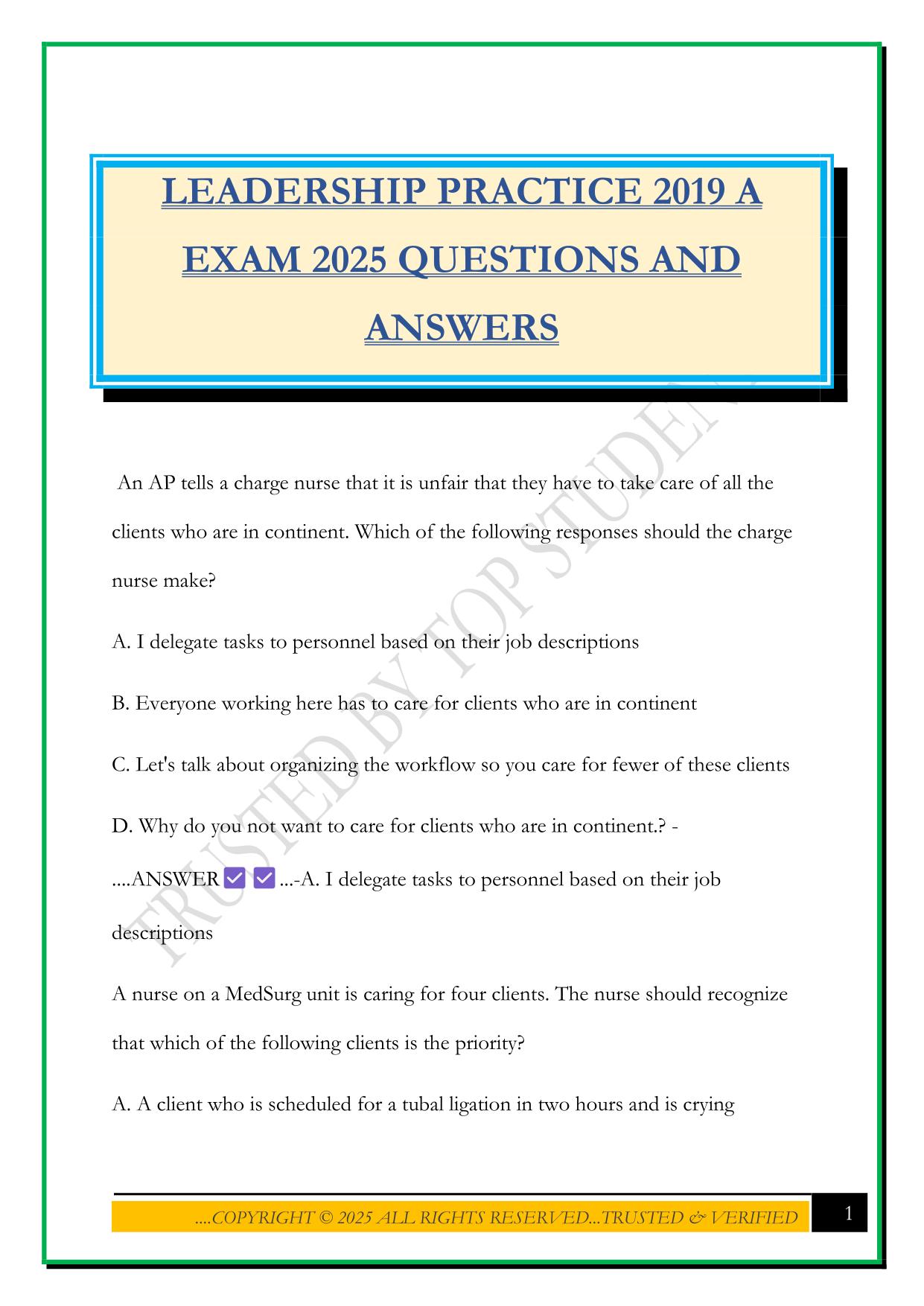 LEADERSHIP PRACTICE 2019 A EXAM 2025 QUESTIONS AND ANSWERS