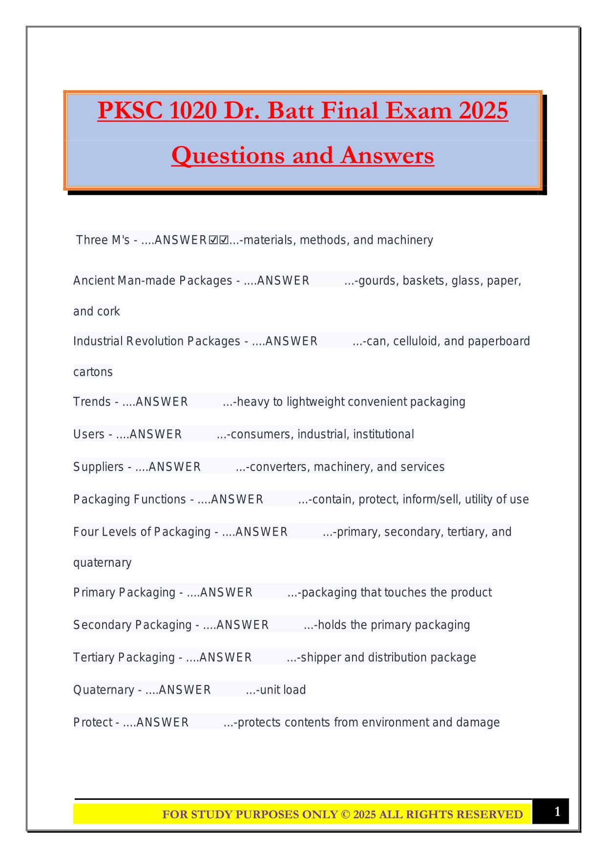 PKSC 1020 Dr. Batt Final Exam 2025 Questions and Answers