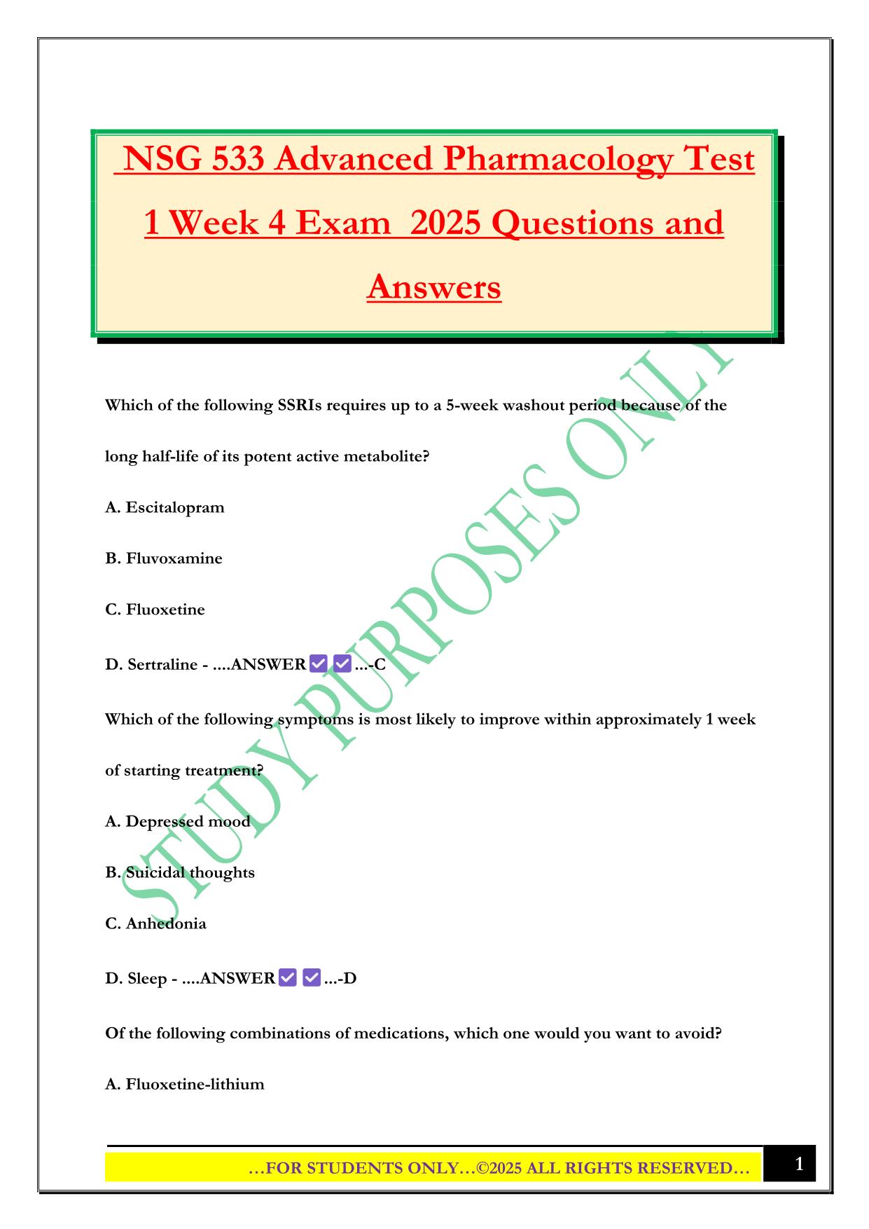 NSG 533 Advanced Pharmacology Test 1 Week 4 Exam 2025 Questions and Answers