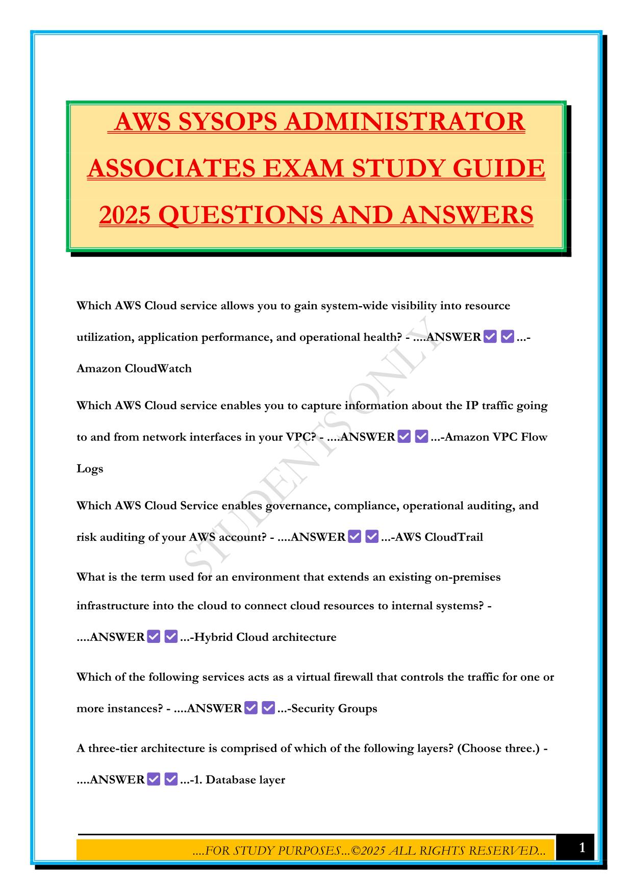 AWS SYSOPS ADMINISTRATOR ASSOCIATES EXAM STUDY GUIDE 2025 QUESTIONS AND ANSWERS