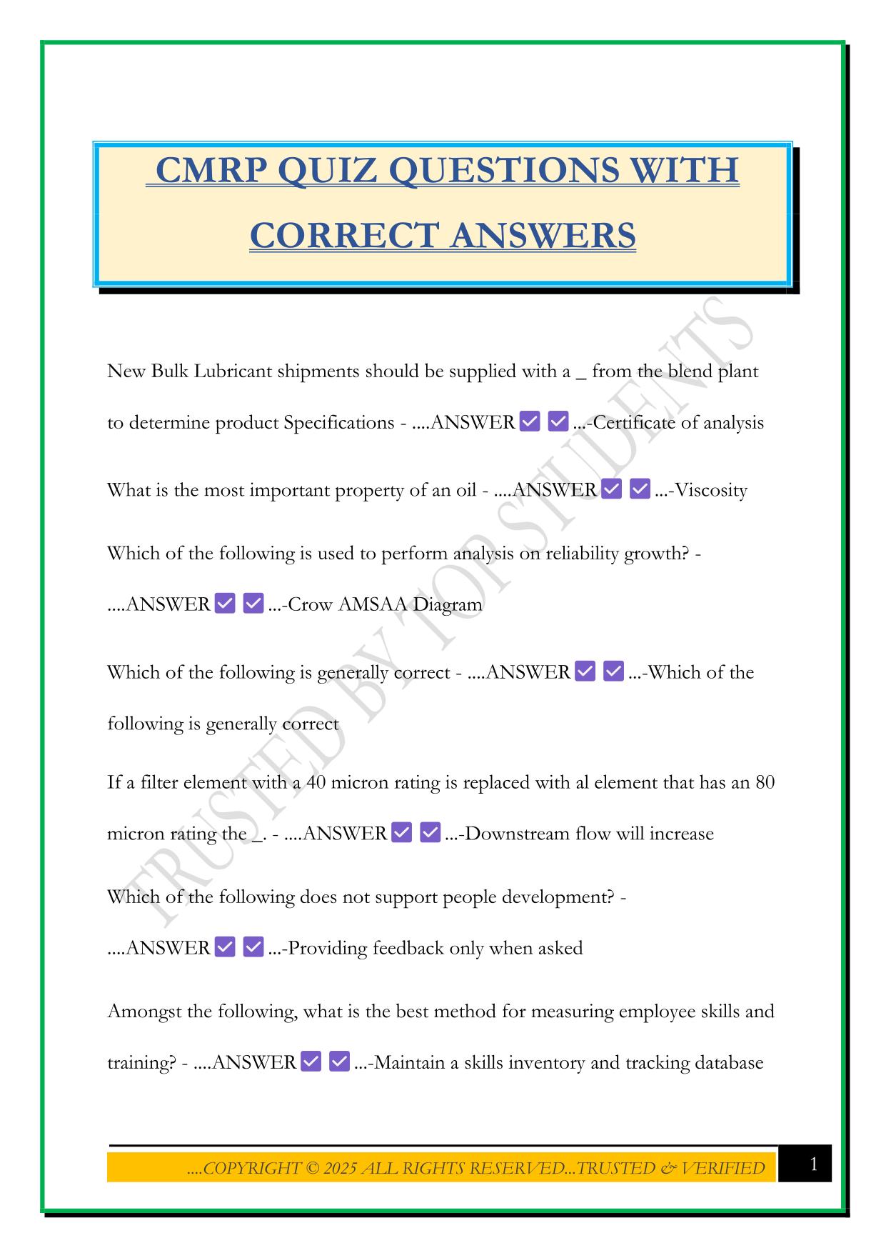 CMRP QUIZ QUESTIONS WITH CORRECT ANSWERS