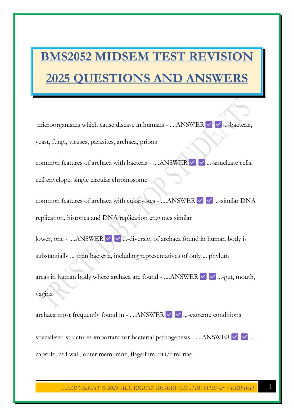 BMS2052 MIDSEM TEST REVISION 2025 QUESTIONS AND ANSWERS