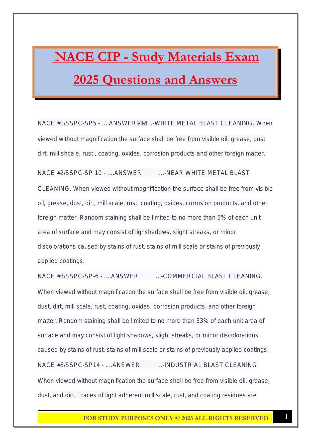 NACE CIP - Study Materials Exam 2025 Questions and Answers