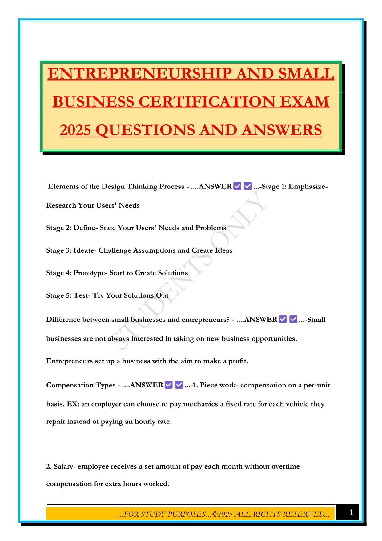 ENTREPRENEURSHIP AND SMALL BUSINESS CERTIFICATION EXAM 2025 QUESTIONS AND ANSWERS