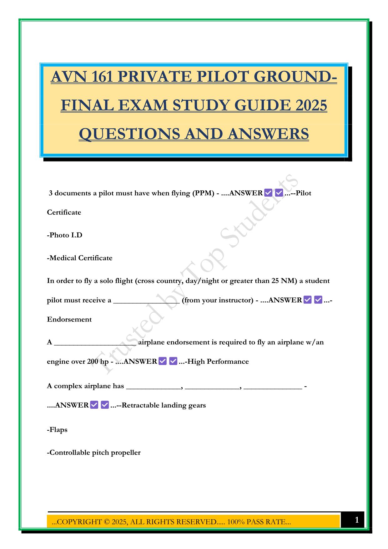 AVN 161 PRIVATE PILOT GROUND- FINAL EXAM STUDY GUIDE 2025 QUESTIONS AND ANSWERS