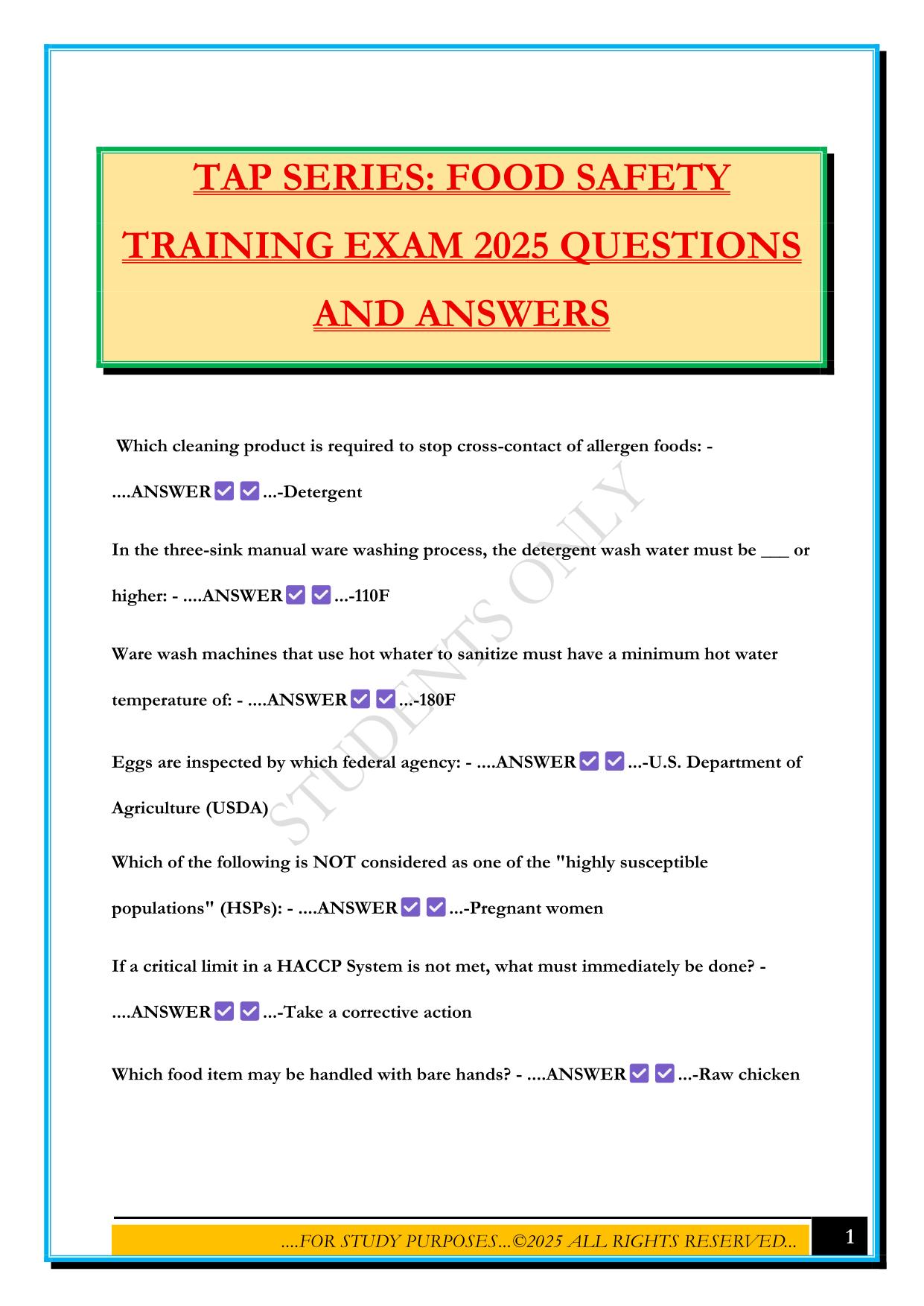 TAP SERIES: FOOD SAFETY TRAINING EXAM 2025 QUESTIONS AND ANSWERS