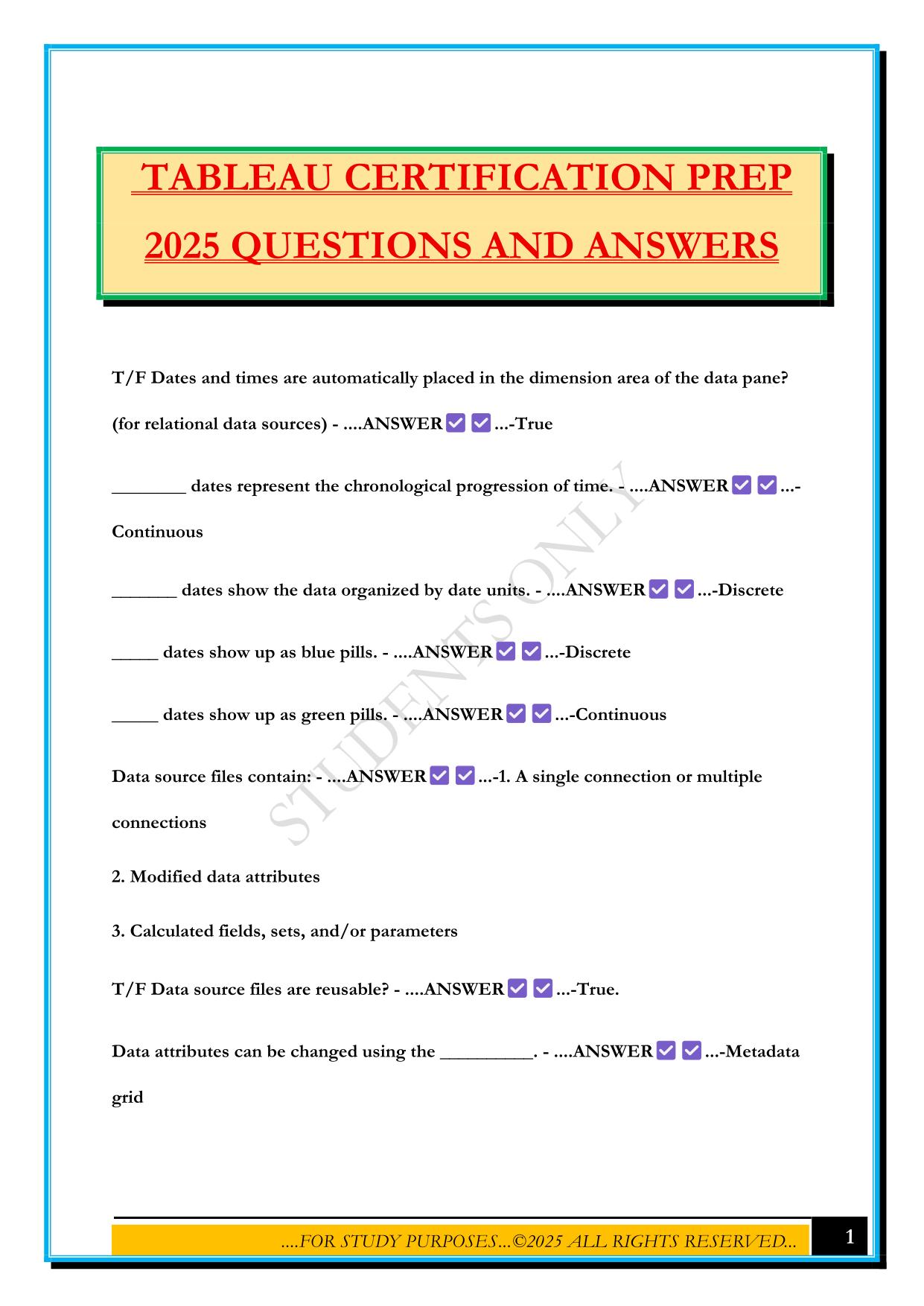 TABLEAU CERTIFICATION PREP 2025 QUESTIONS AND ANSWERS