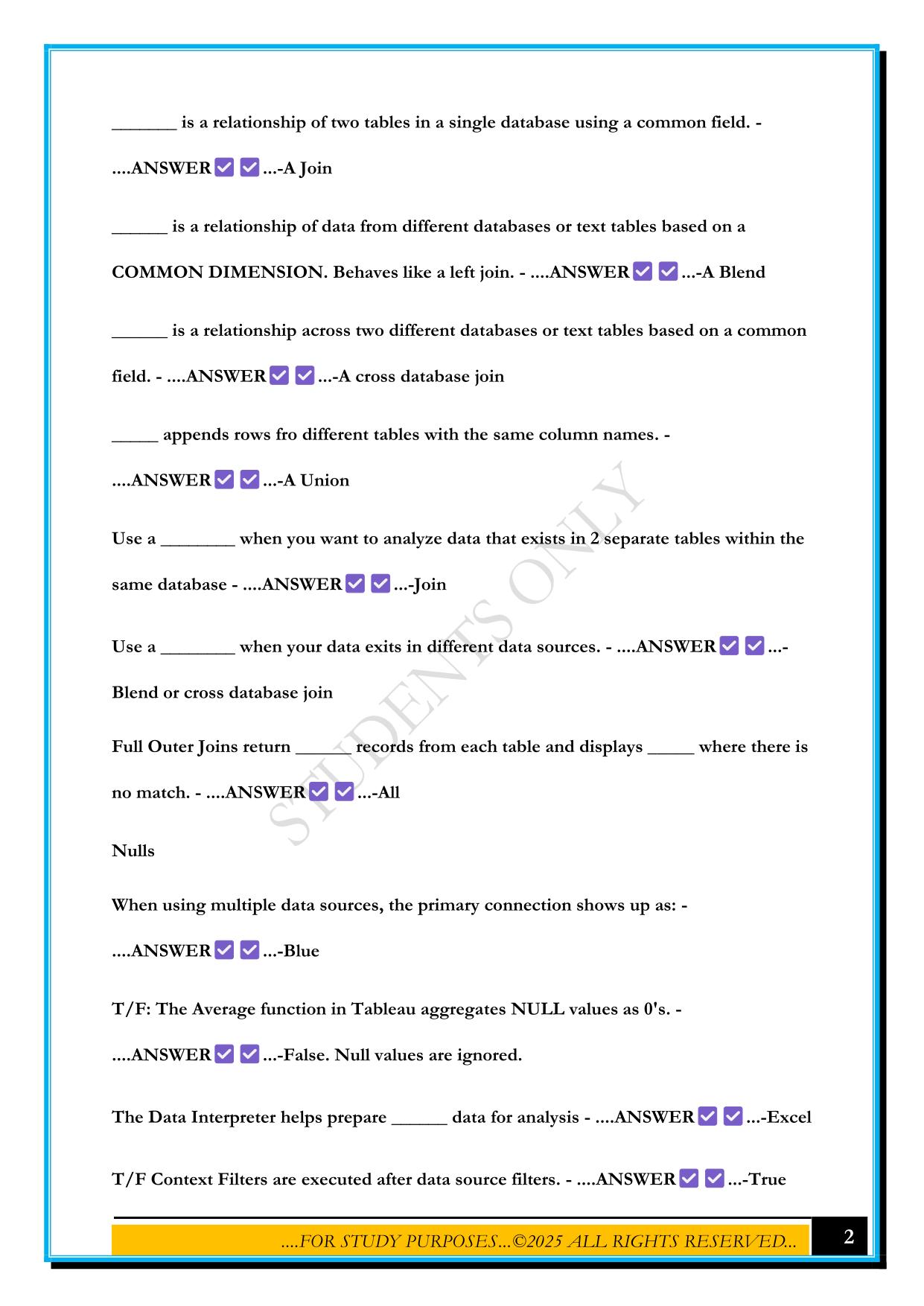 TABLEAU CERTIFICATION PREP 2025 QUESTIONS AND ANSWERS