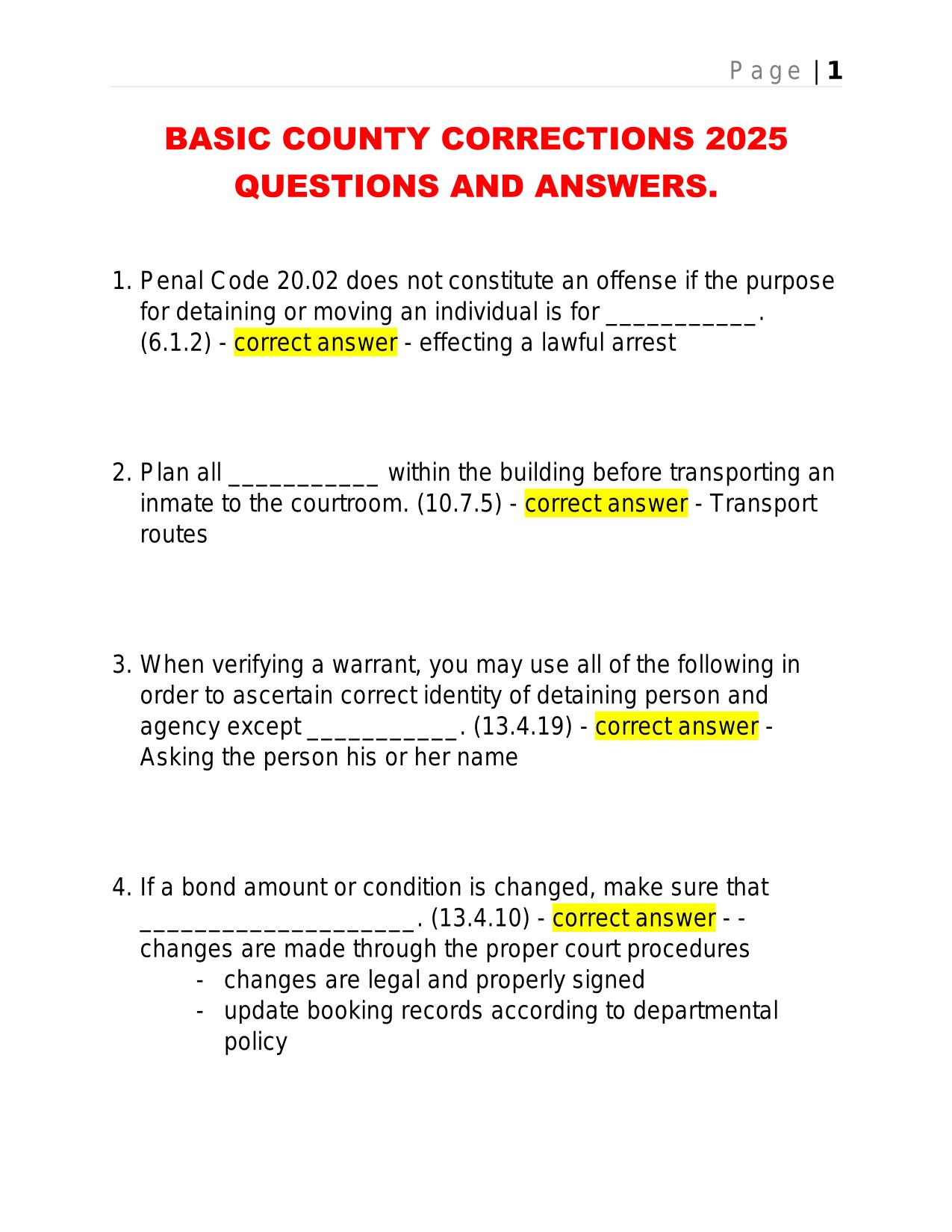 BASIC COUNTY CORRECTIONS 2025 QUESTIONS AND ANSWERS.