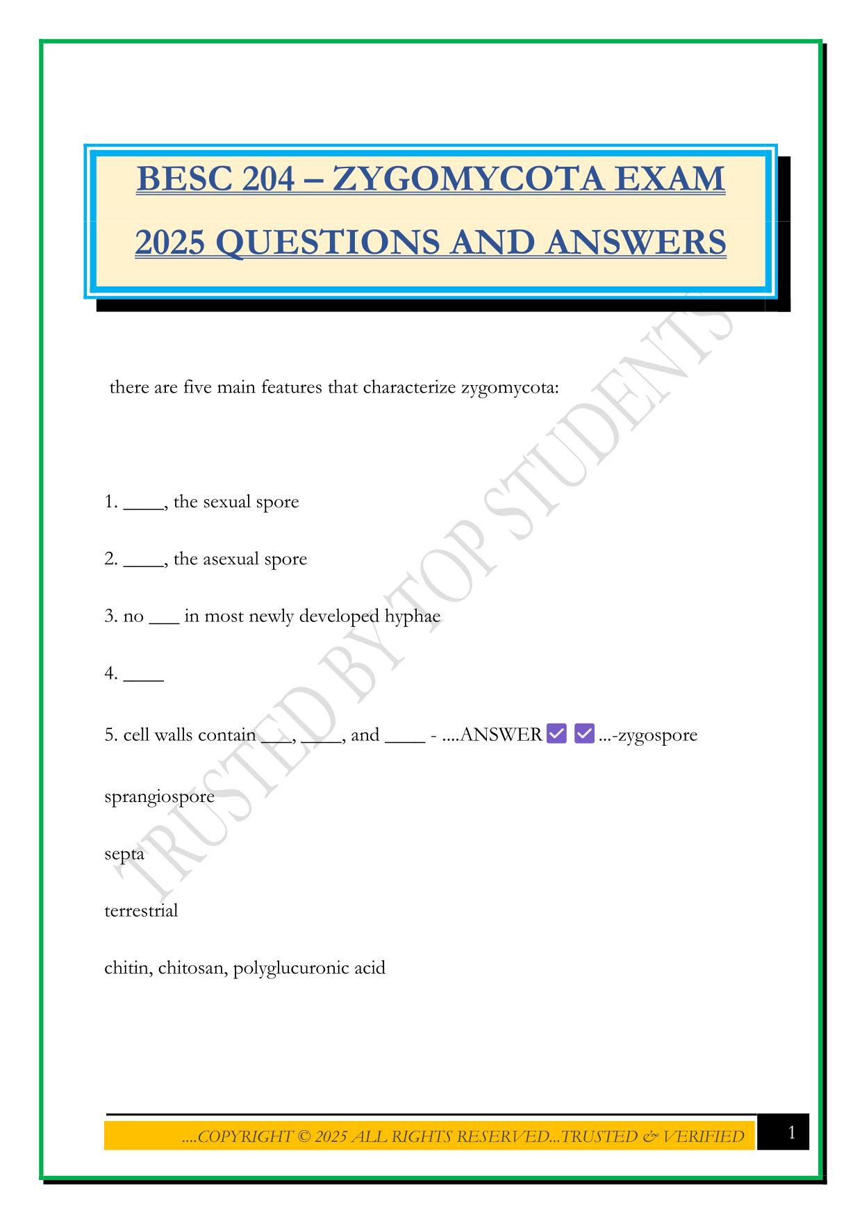 BESC 204 – ZYGOMYCOTA EXAM 2025 QUESTIONS AND ANSWERS