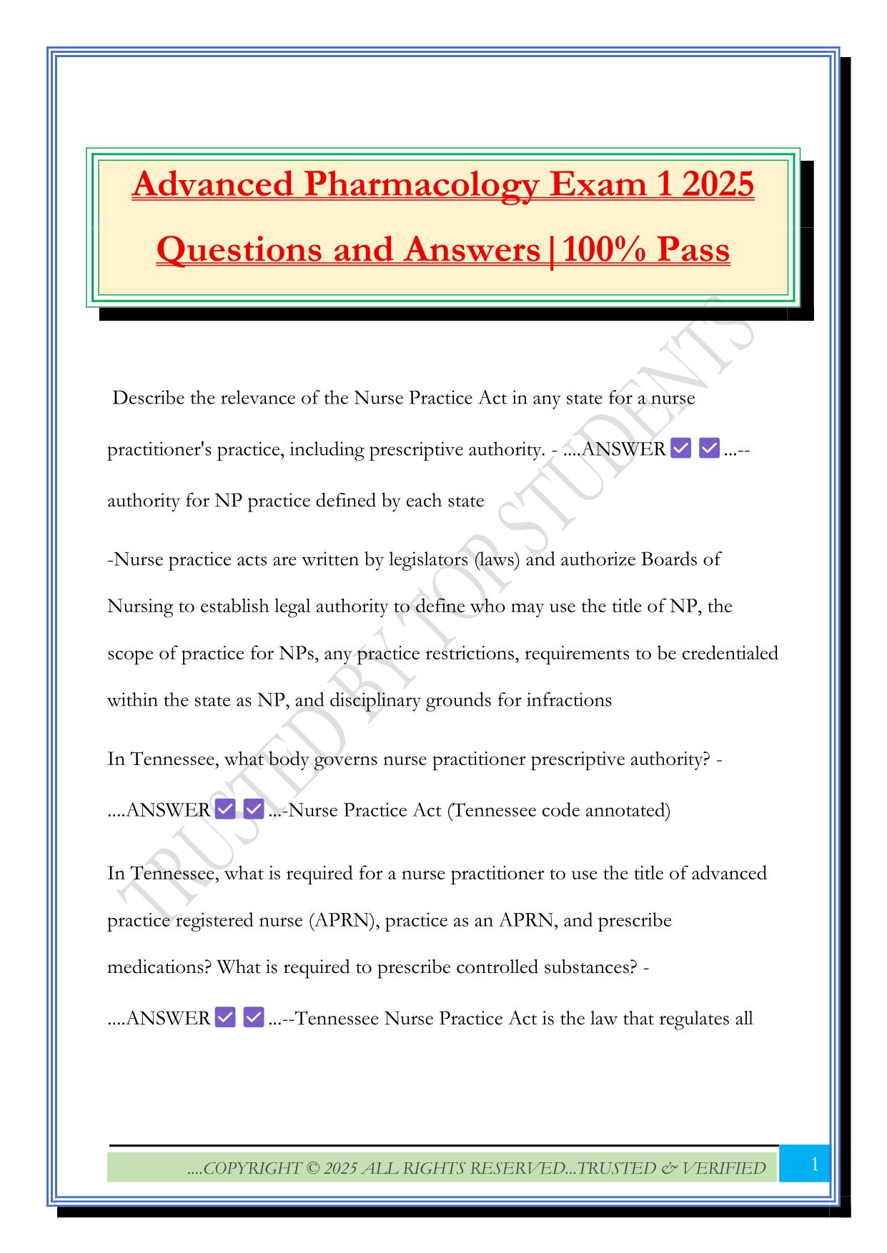 Advanced Pharmacology Exam 1 2025 Questions and Answers|100% Pass