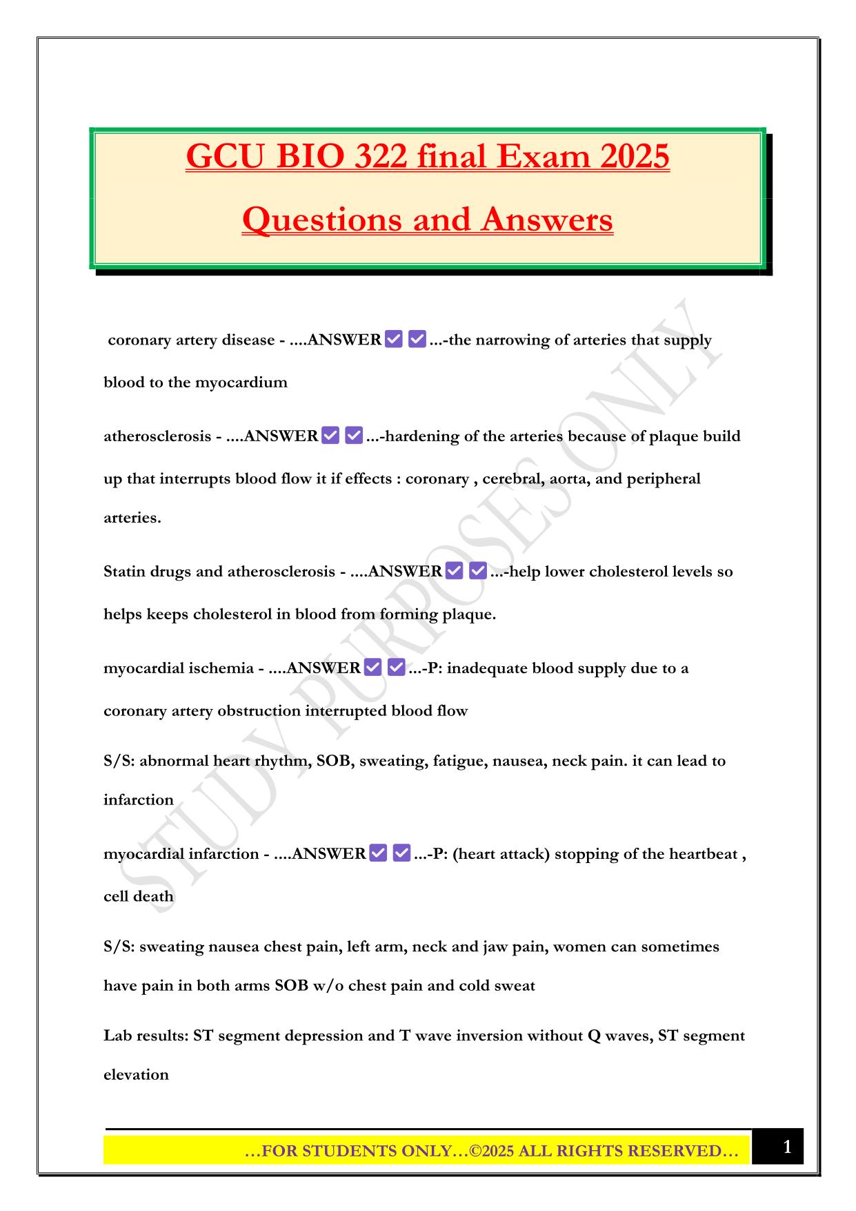 GCU BIO 322 final Exam 2025 Questions and Answers