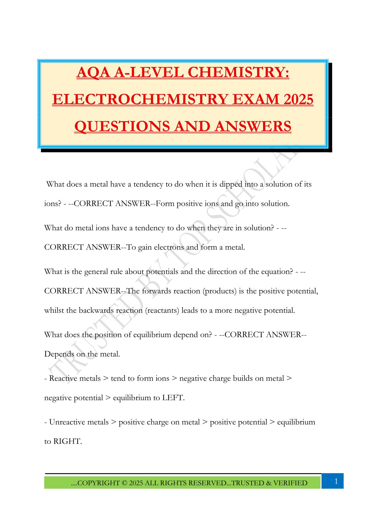 AQA A-LEVEL CHEMISTRY: ELECTROCHEMISTRY EXAM 2025 QUESTIONS AND ANSWERS