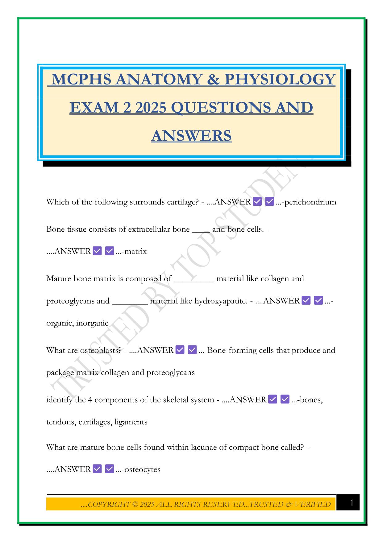MCPHS ANATOMY & PHYSIOLOGY EXAM 2 2025 QUESTIONS AND ANSWERS