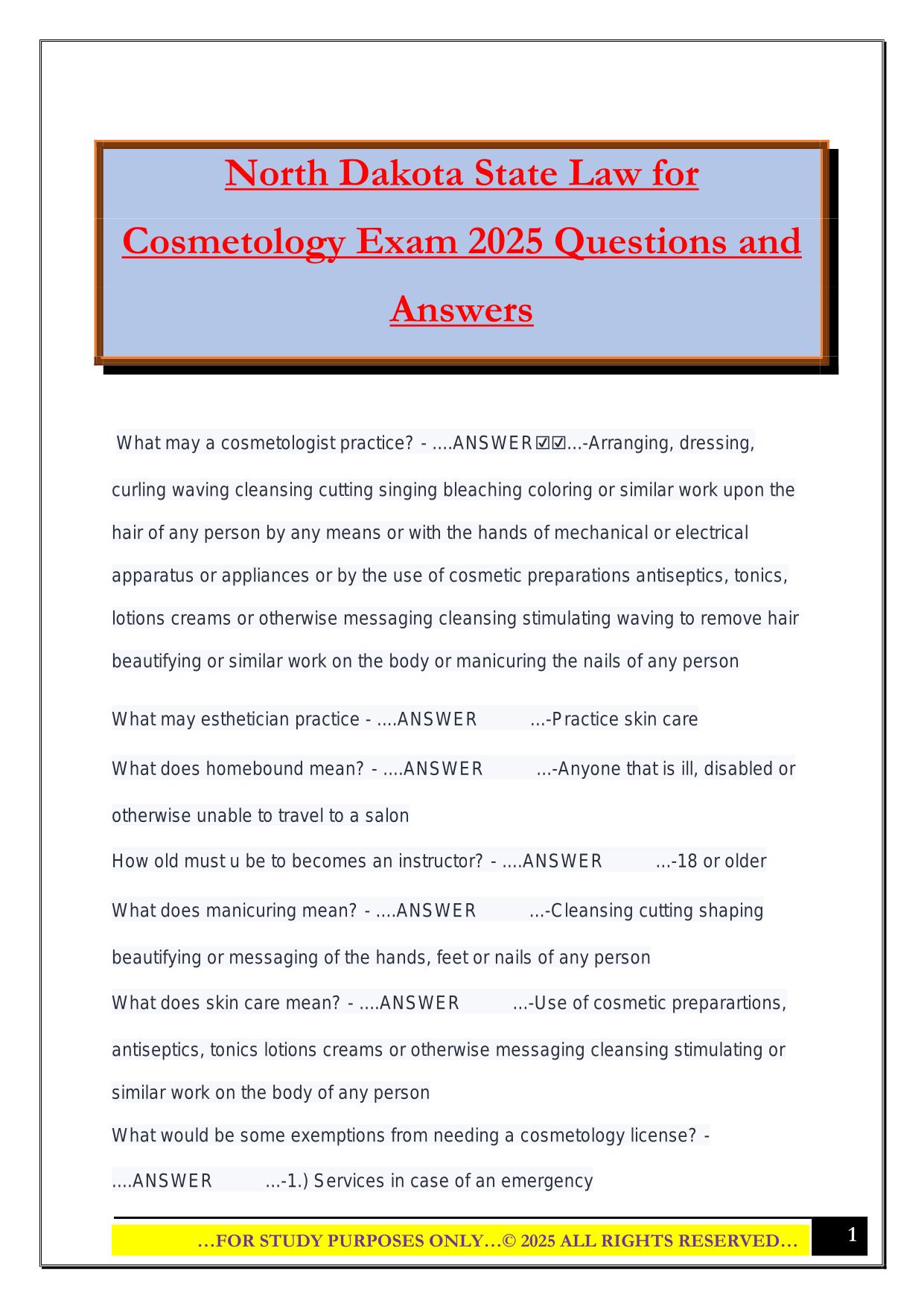 North Dakota State Law for Cosmetology Exam 2025 Questions and Answers